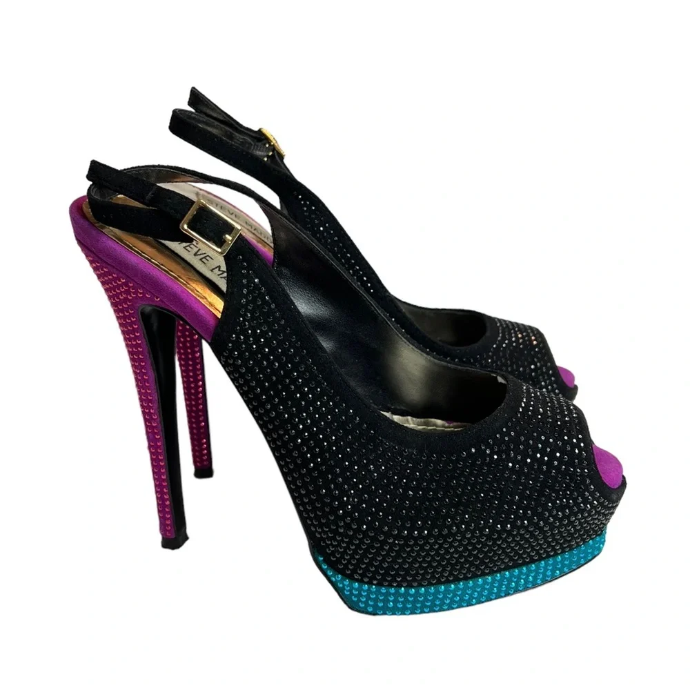 Steve Suede Madden Masqraid Multi Purple Black & Blue Embellished Platform Heels
